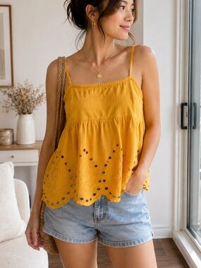 Suzy Shier Mustard Eyelet Scalloped Cami
